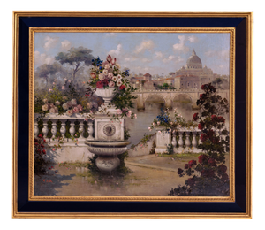 Antonio Celli, Lush Garden with a View of St. Peter's Basilica, Oil on Canvas