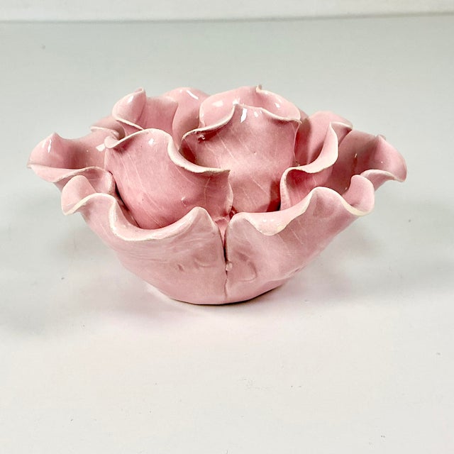 Pink 1980s Vintage Boho Chic Coastal Folk Art Studio Pottery Lotus Knife Cut Tabletop Pillar CandleHolder For Sale - Image 8 of 11