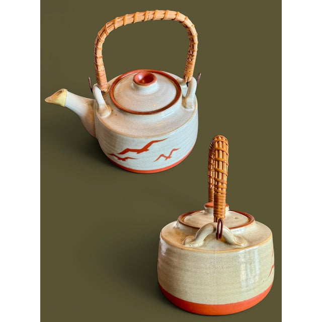 Wood Vintage Mid-Century Modern Otagiri Japan Stoneware Seagull-Rattan Handle-Ceramic-Coastal Teapot For Sale - Image 7 of 11