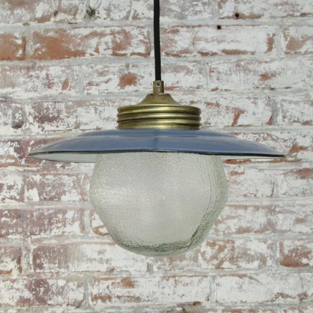 Vintage Blue Enamel and Brass Frosted Glass Pendant Light For Sale - Image 5 of 6