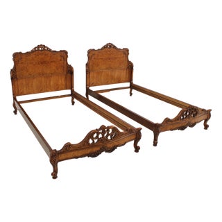 Pair of Batesville Vintage Burl Wood Single Beds For Sale