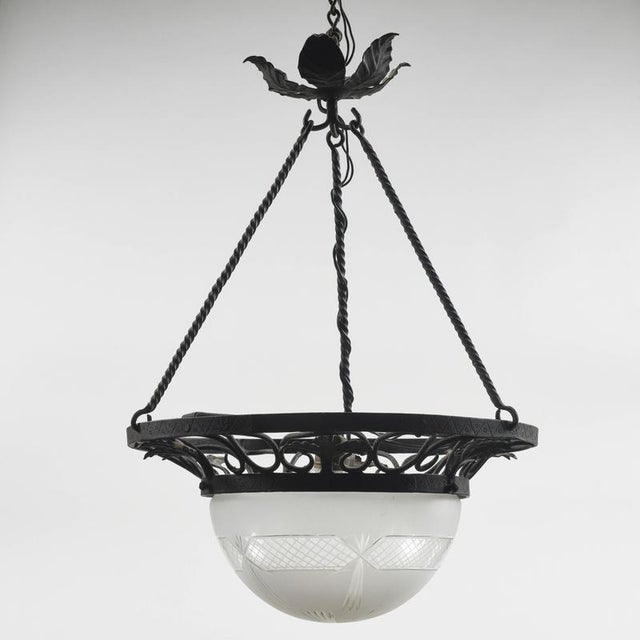 Art Nouveau Iron Pendant with Glass Hood For Sale - Image 3 of 9