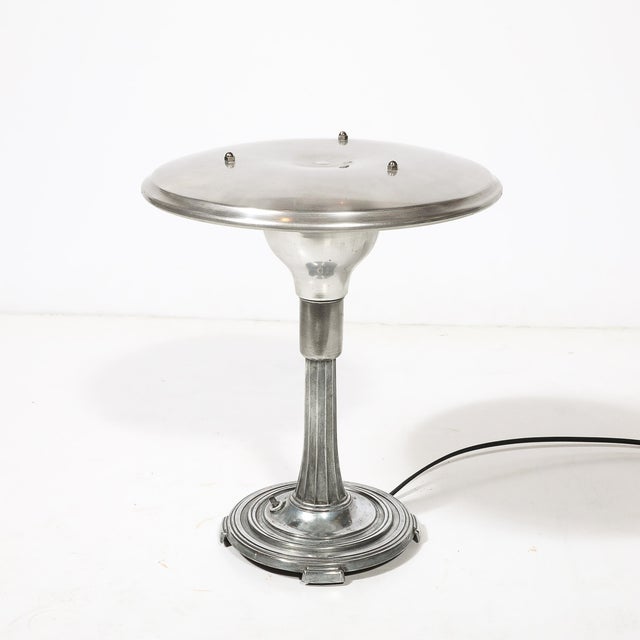 Silver Art Deco Machine Age Saucer Form Polished Aluminum Table Lamp W/ Sculptural Base For Sale - Image 8 of 11