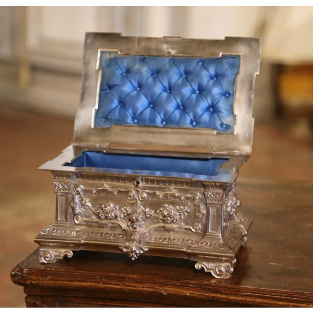 Metal 19th Century French Silver Plated Over Bronze Jewelry Box With Repousse Motifs For Sale - Image 7 of 10