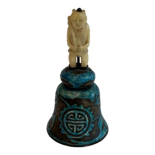Vintage Chinese Bronze Enamel Bell With Carved Figure – Turquoise & Black For Sale