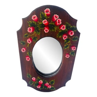 Vintage Hand Painted Floral Wood Wall Mirror Folk Art Pink Flowers For Sale