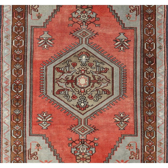 Textile Vintage Turkish Oushak Rug With Coral, Ice Blue, and Soft Mocha Tones 4'1"x7'7" For Sale - Image 7 of 13