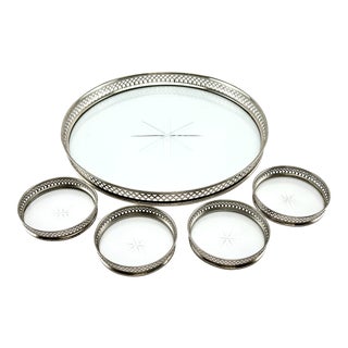 1930's Vintage Sternauware New York Silver Plate Glass Tray and Coasters- 5 Piece Set For Sale