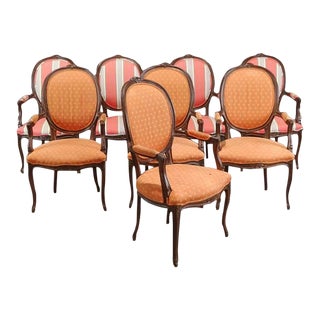 Set of 8 Medallion Back French Louis XV Style Arm Chairs in Mahogany For Sale