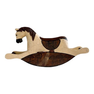 Vintage Wooden Rocking Horse – Hand Painted Folk Art Decor, 13” Length For Sale