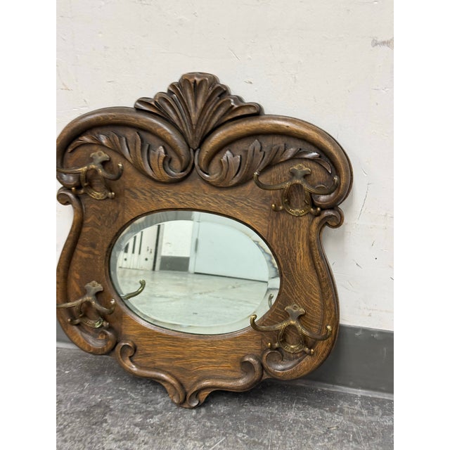 Circa 1920's Tiger Oak Wood Wall Mirror With Hanging Hooks For Sale In San Francisco - Image 6 of 12