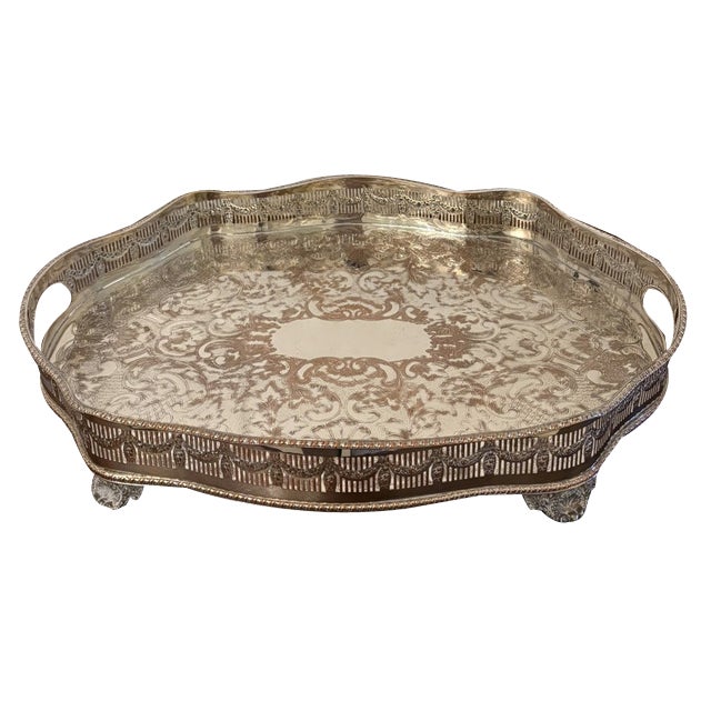 Antique Edwardian Sheffield Plated Engraved Tea Tray, 1910 For Sale