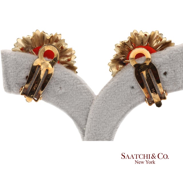 Vintage Gia Certified 14k Yellow Gold Natural Coral Earrings With Omega Back, Pair For Sale - Image 11 of 13