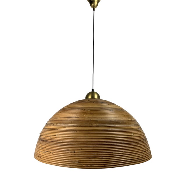 Pencil Reed, Rattan, Bamboo and Brass Pendant Hanging Lamp, Italy, 1970s For Sale