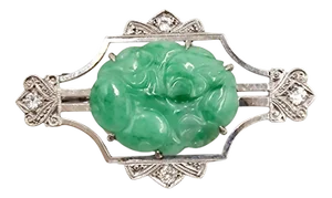 Mid-Century 18 Karat White Gold Brooch with Jade and Diamonds, Italy, 1950s