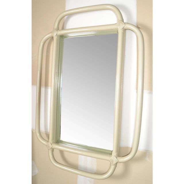 Stunning Bohemian Chic handcrafted beige bent bamboo wall mirror American made, circa 1960s. This sculptural artisan...