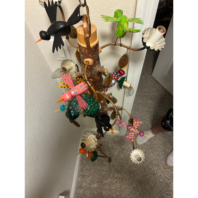 Vintage Folk Art Hummingbird Chandelier Signed Carey Handmade Wood Hanging Light For Sale - Image 11 of 12