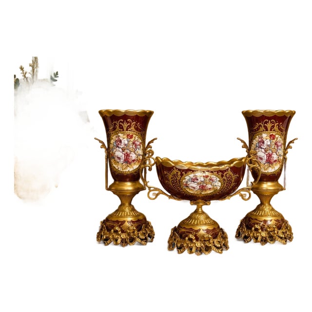 French Rococo Style Mantel Decor Ornate Decorative Urns 16.5 & Bowl 11.8 Burgundy set For Sale
