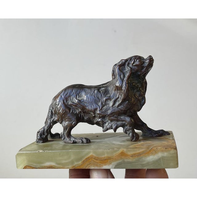 A small bronze sculpture in the shape of a very detailed and finely executed cavalier king charles spaniel. We attributes...