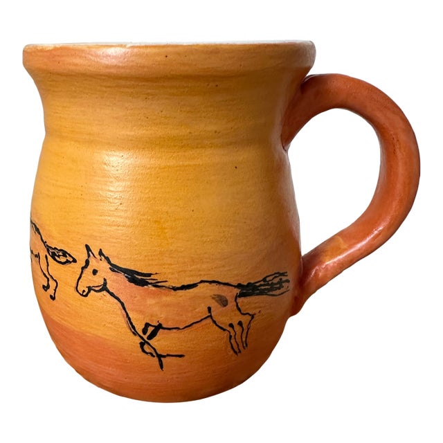 Vintage Signed Equestrian Handmade Ceramic Vase With Handle For Sale