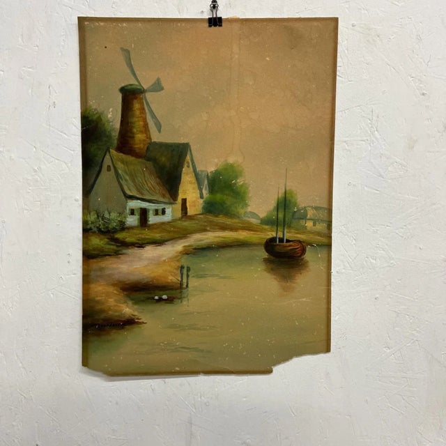 Vintage Art Watercolor Scenic Holland Countryside Windmill Lake & Boat For Sale - Image 12 of 12