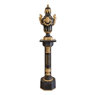 French Empire Style Black Marble Pedestal With Porcelain Urn, Bronze Mounts, Gold Leaf and Sculpted Details For Sale