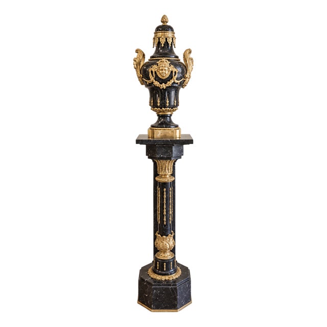 French Empire Style Black Marble Pedestal With Porcelain Urn, Bronze Mounts, Gold Leaf and Sculpted Details For Sale
