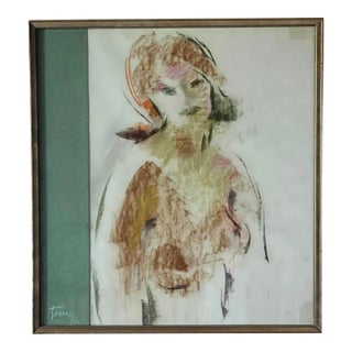 Vintage Pastel Drawing of Woman, 1966 For Sale