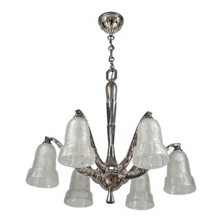 Hettier & Vincent French Art Deco Chandelier 1930s - Floral Glass & Nickeled Bronze For Sale