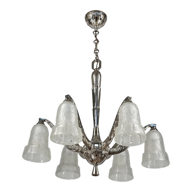 Hettier & Vincent French Art Deco Chandelier 1930s - Floral Glass & Nickeled Bronze For Sale