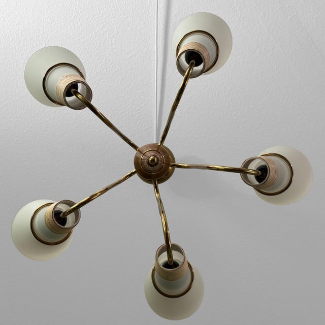 Mid-Century Modernist Swedish Chandelier in Brass, Birch and Glass, 1940s For Sale - Image 11 of 12