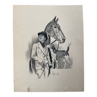 1940s Original Signed Graphite Illustration of Equestrian With Horse & Hound, 11 X 8.75 In. For Sale
