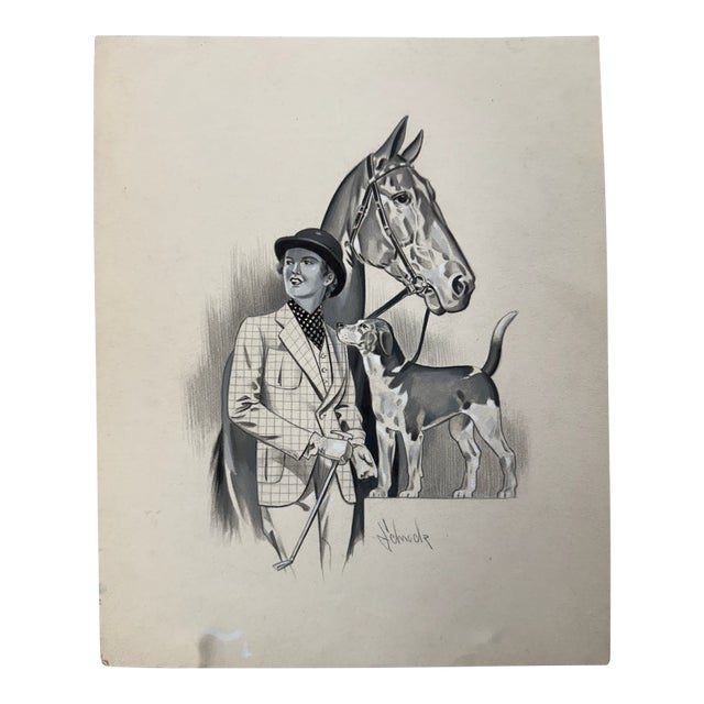 1940s Original Signed Graphite Illustration of Equestrian With Horse & Hound, 11 X 8.75 In. For Sale