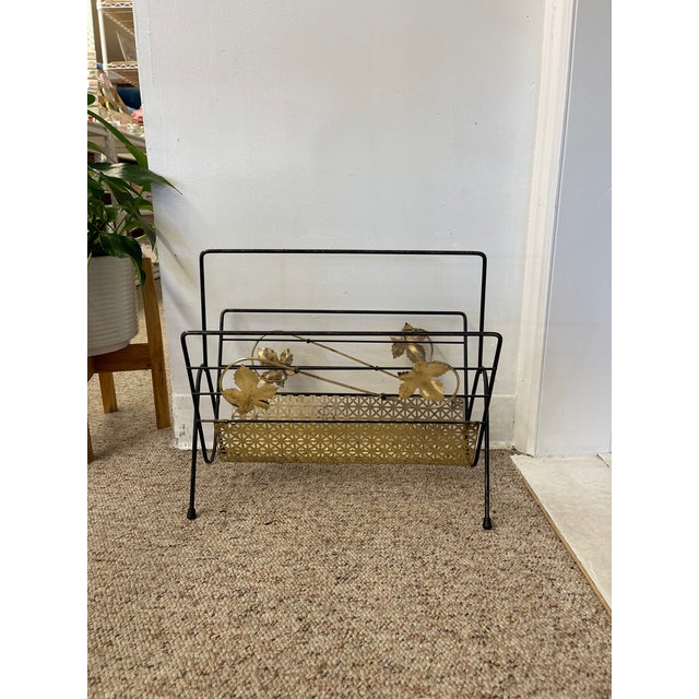 1950s Mid-Century Modern Black Wrought Iron and Brass Toned Magazine Rack With Leaf Motif. For Sale - Image 5 of 7