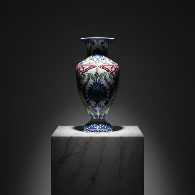Ceramic Handmade Ceramic Palace Vase (60cm) Classic Ottoman Saz Style Green Leaves and Red Florals Floor Vase For Sale - Image 7 of 7