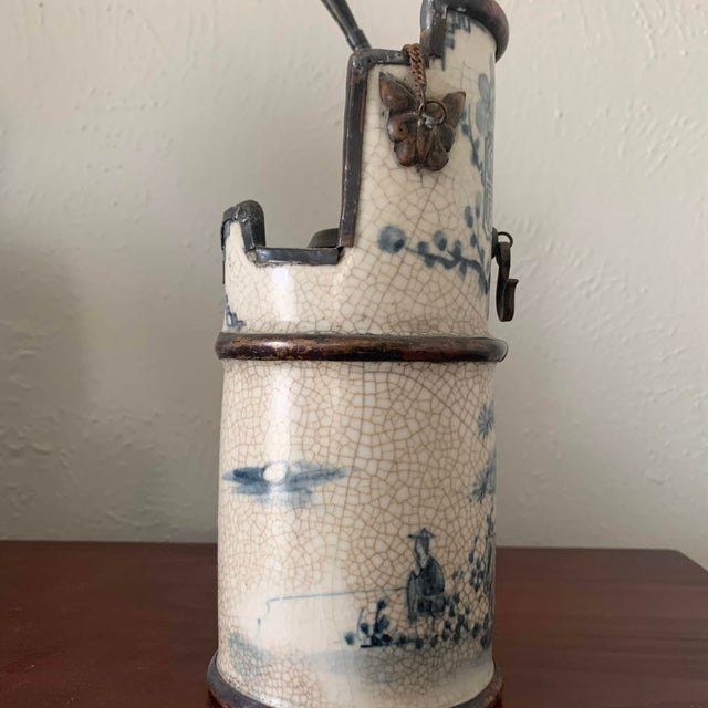 Metal Antique Asian Blue and White Ceramic Water Vase Pipe For Sale - Image 7 of 12