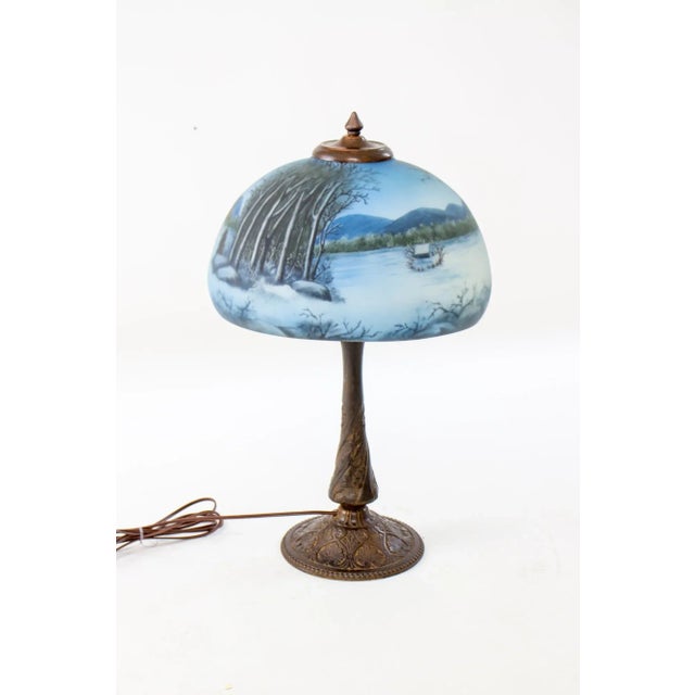 Late 19th Century Cast Iron Table Lamp With Wintery Blue Reverse Painted Glass Shade Chairish