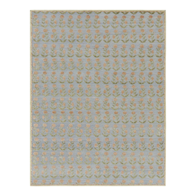 Rug & Kilim’s Block Print Rug Design with Brown and Green Floral Patterns - 8x10 For Sale