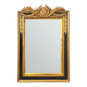 Vintage Neoclassical Giltwood Shell-Crested Wall Mirror With Black Trim