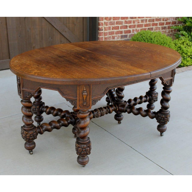 Antique English Oak Jacobean Style Oval Barley Twist Dining Table With