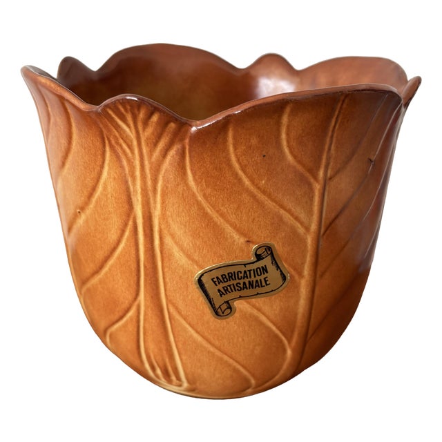 Vintage Handmade Ceramic Flower and Leaf-Shaped Planter, France, 1970s For Sale