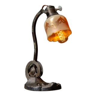 Early 20th Century Art Nouveau Cast Iron Desk Lamp With Frosted Opalescent Stenciled Shade For Sale