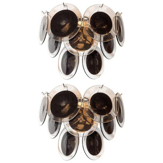 Modernist 9-Disc Sconces in Hand Blown Murano Black & Translucent Glass - a Pair For Sale In New York - Image 6 of 6