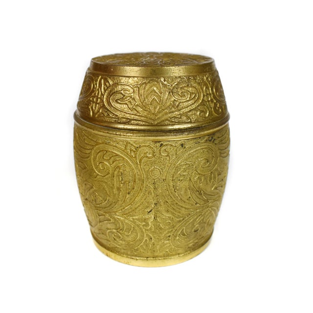 Mid-Century Modern Vintage Mid 20th Century Small Solid Brass Floral Design Lidded Canister Jar Urn For Sale - Image 3 of 7
