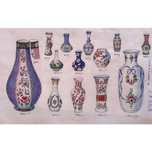 Unknown, Porcelain Vases, China Ink and Watercolor, 1890 For Sale
