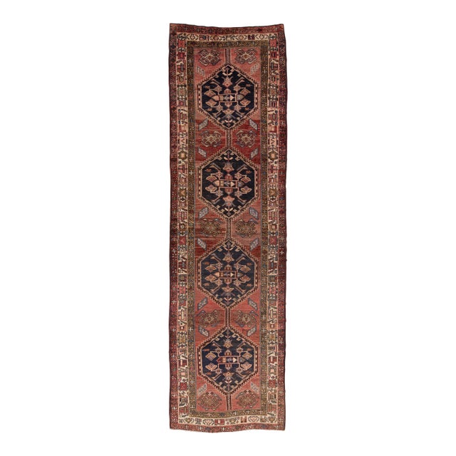 Vintage Persian Heriz Hand-Knotted Wool Runner in Red With Tribal Pattern For Sale