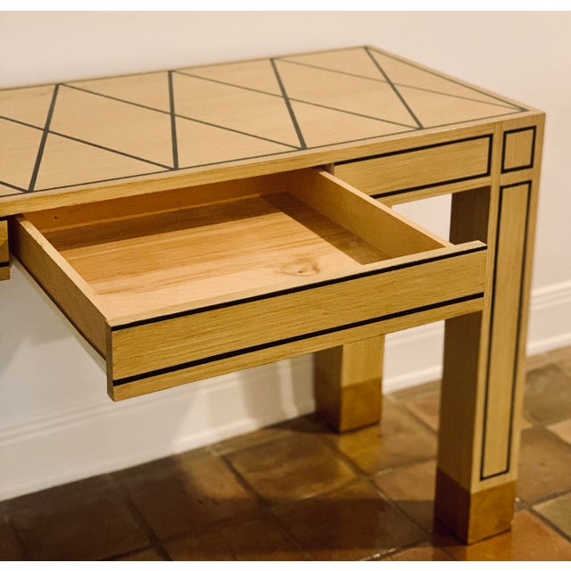 Tan Vintage Mid-Century Modern Rectangular Wood Parsons Style Custom Console/Desk With Geometric Painted Design in Black, Circa 1980s For Sale - Image 8 of 12