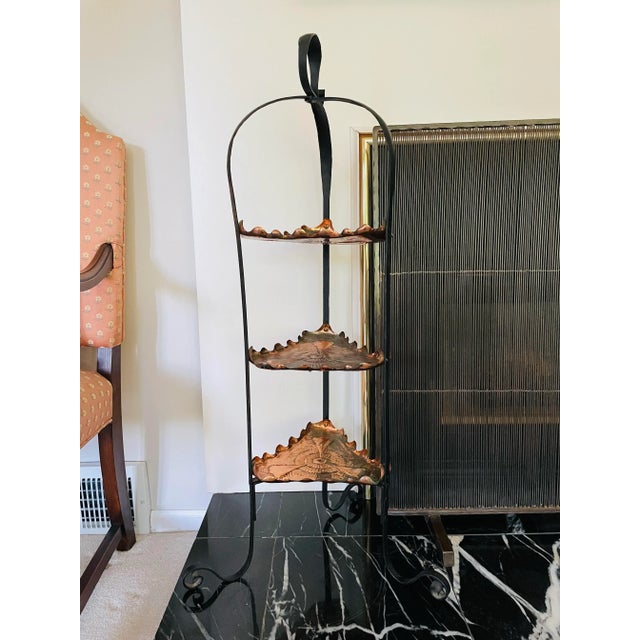 Brutalist Vintage Midcentury Arts & Crafts Style Wrought Iron & Copper 3-Tier Stand For Sale - Image 3 of 10