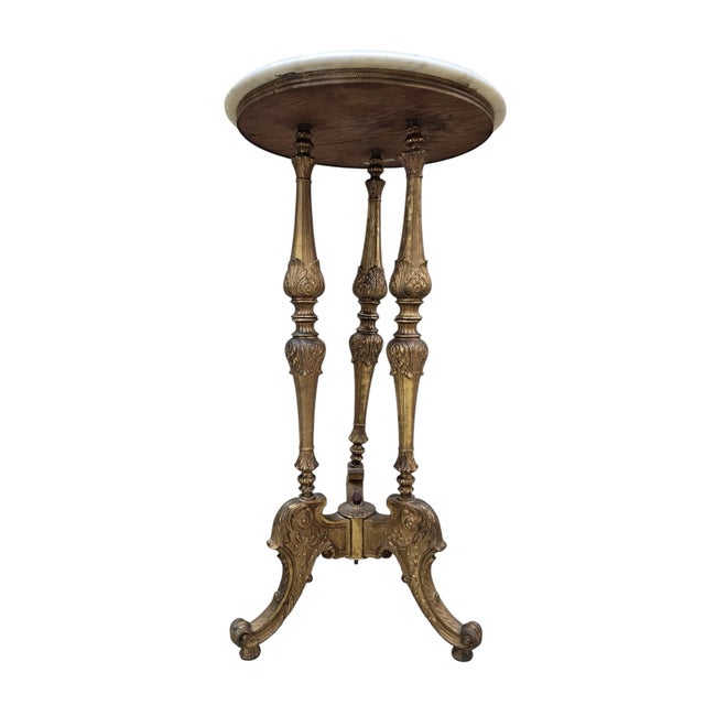 Metal Antique Louis XVI Style Brass With Marble Top Pedestal/Side Table For Sale - Image 7 of 8