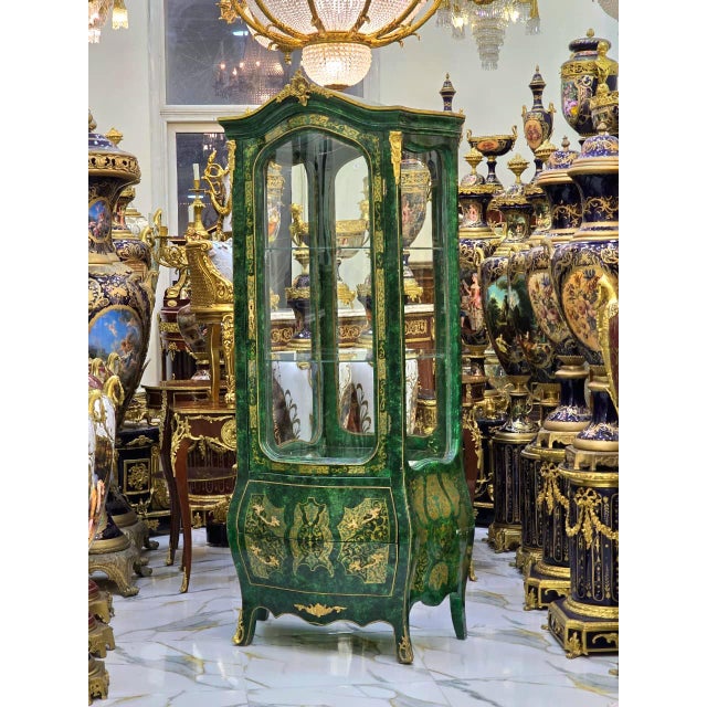 French French Style Green Display Cabinet With Gold Leaf Details For Sale - Image 3 of 4